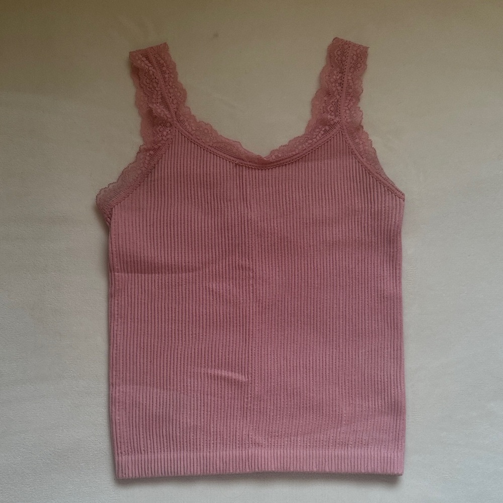 Forever 21 Pink Ribbed Camisole with Lace Trim